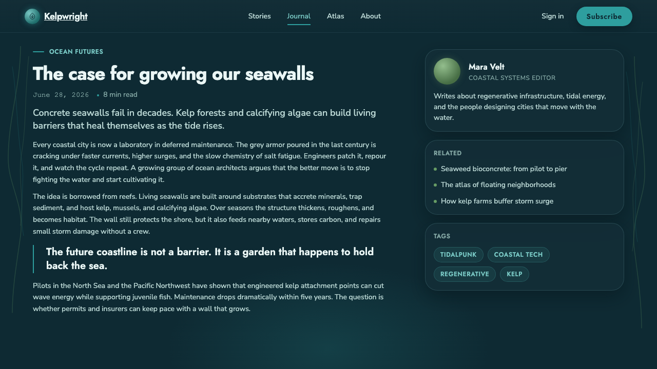 Tidalpunk design style applied to a Article page