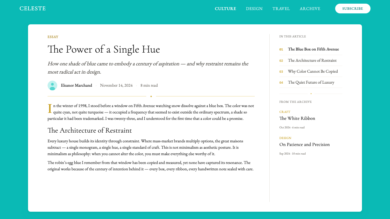 Tiffany Robin-Egg Blue design style applied to a Article page