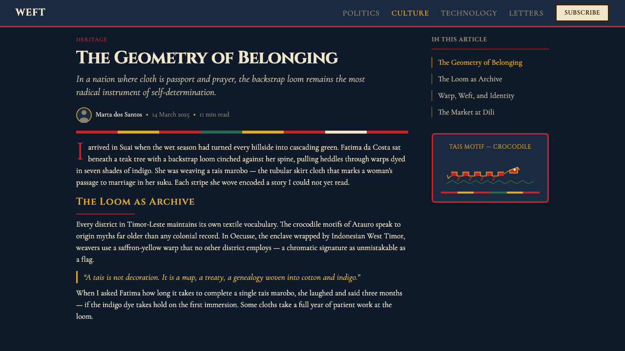 Timorese Tais (Backstrap Loom) design style applied to a Article page