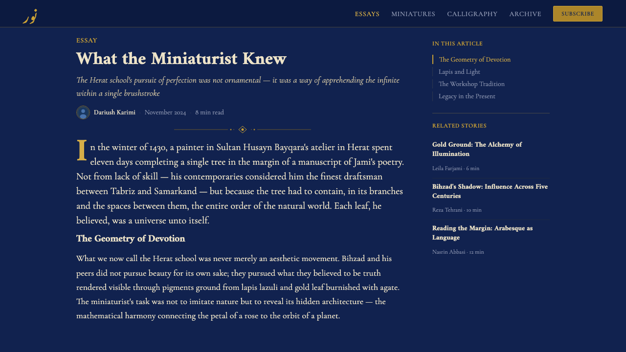 Timurid Manuscript (Herat) design style applied to a Article page