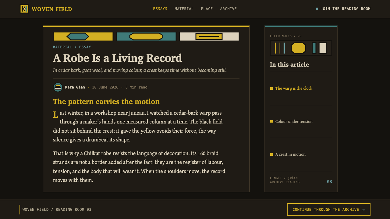 Tlingit Chilkat Robe design style applied to a Article page