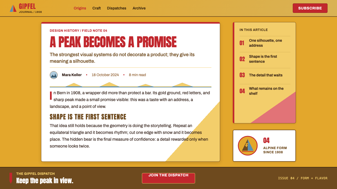 Toblerone Matterhorn (1908) design style applied to a Article page