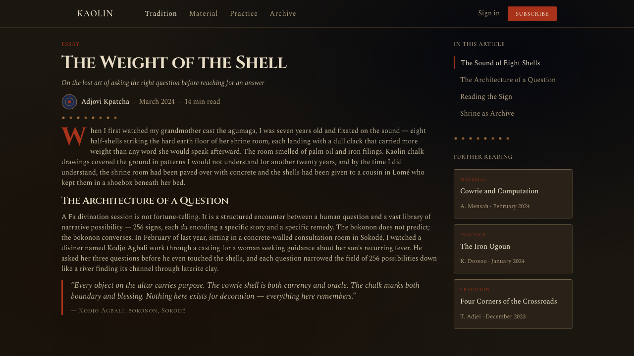 Togolese Vodun Fa Divination design style applied to a Article page