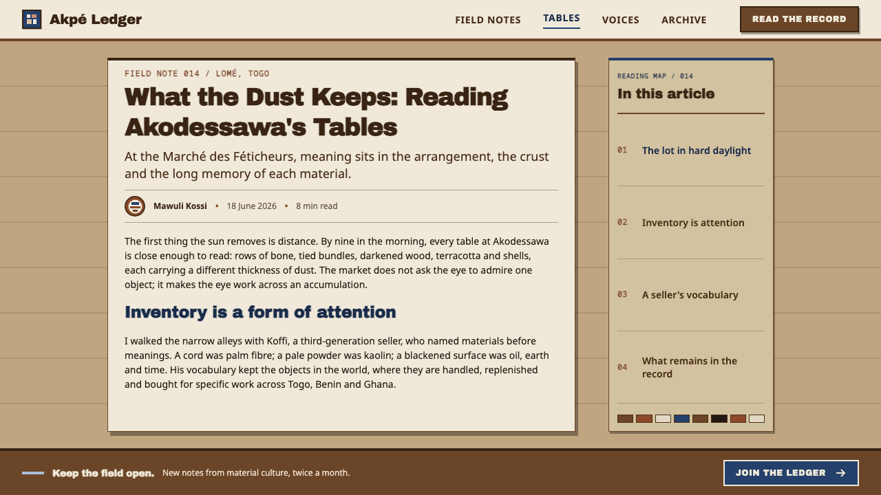 Vodun Fetish Market design style applied to a Article page