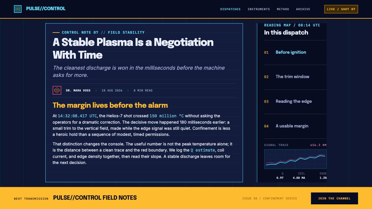 Tokamak Confinement Deck design style applied to a Article page