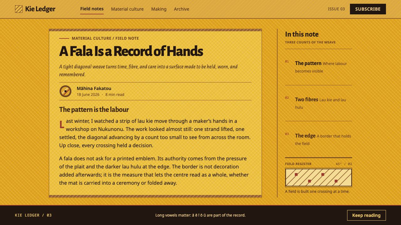 Tokelau Fala Mat design style applied to a Article page