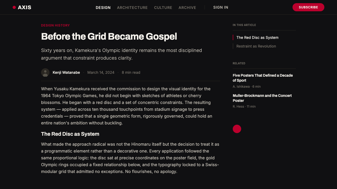 Tokyo 1964 (Kamekura) design style applied to a Article page