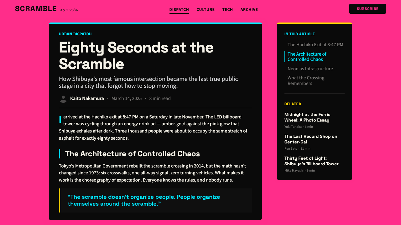 Tokyo Shibuya Scramble Neon design style applied to a Article page