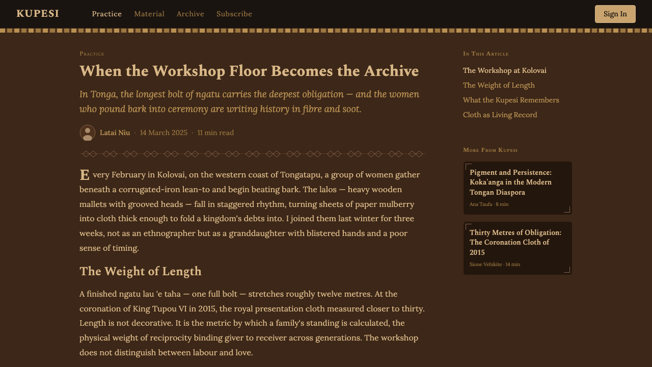 Tongan Ngatu (Tapa) design style applied to a Article page