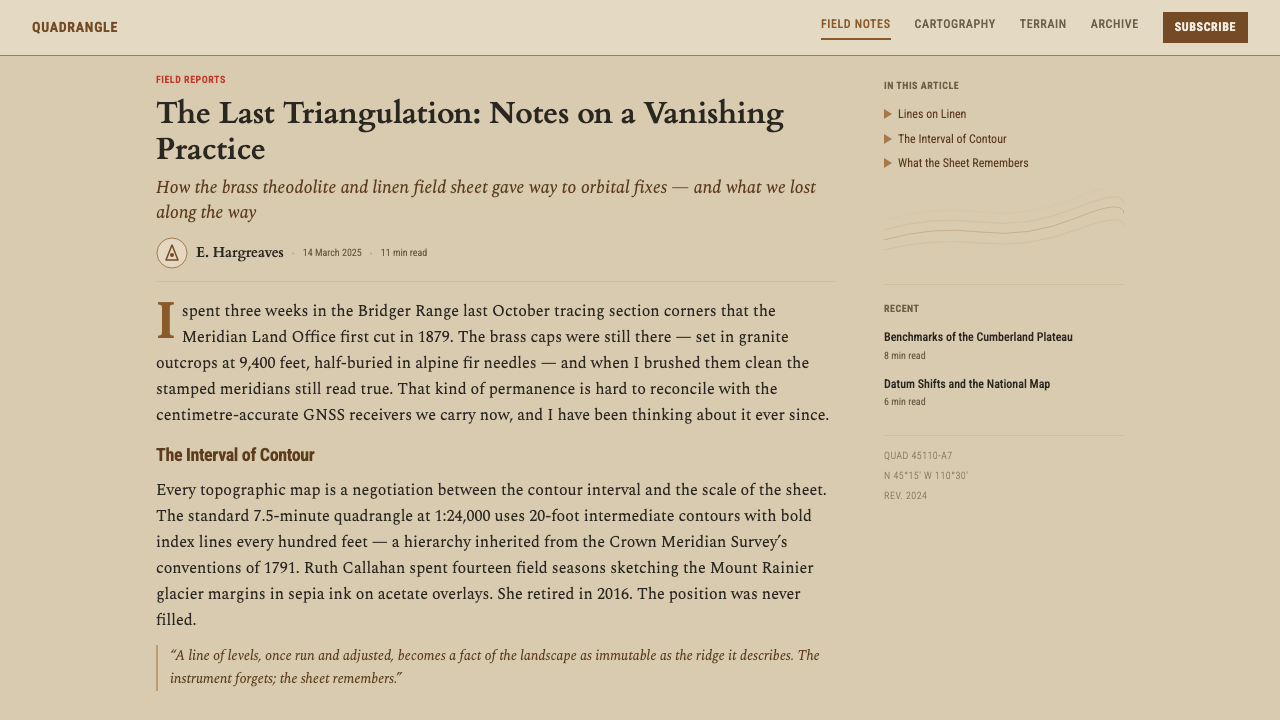 Topographic Survey Map design style applied to a Article page