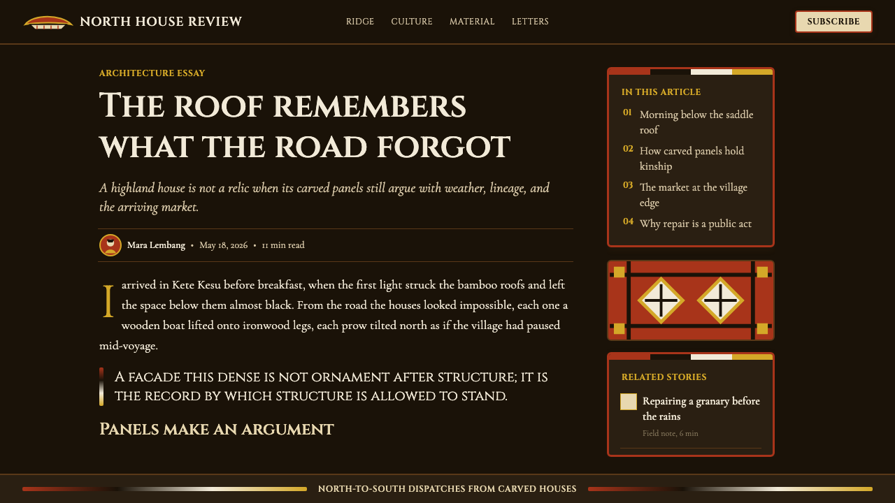 Torajan Tongkonan (Boat-Roof House) design style applied to a Article page