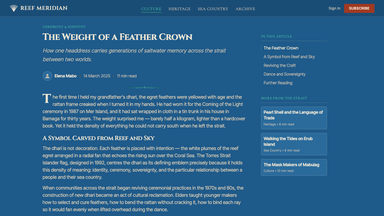 Torres Strait Dhari Headdress design style applied to a Article page