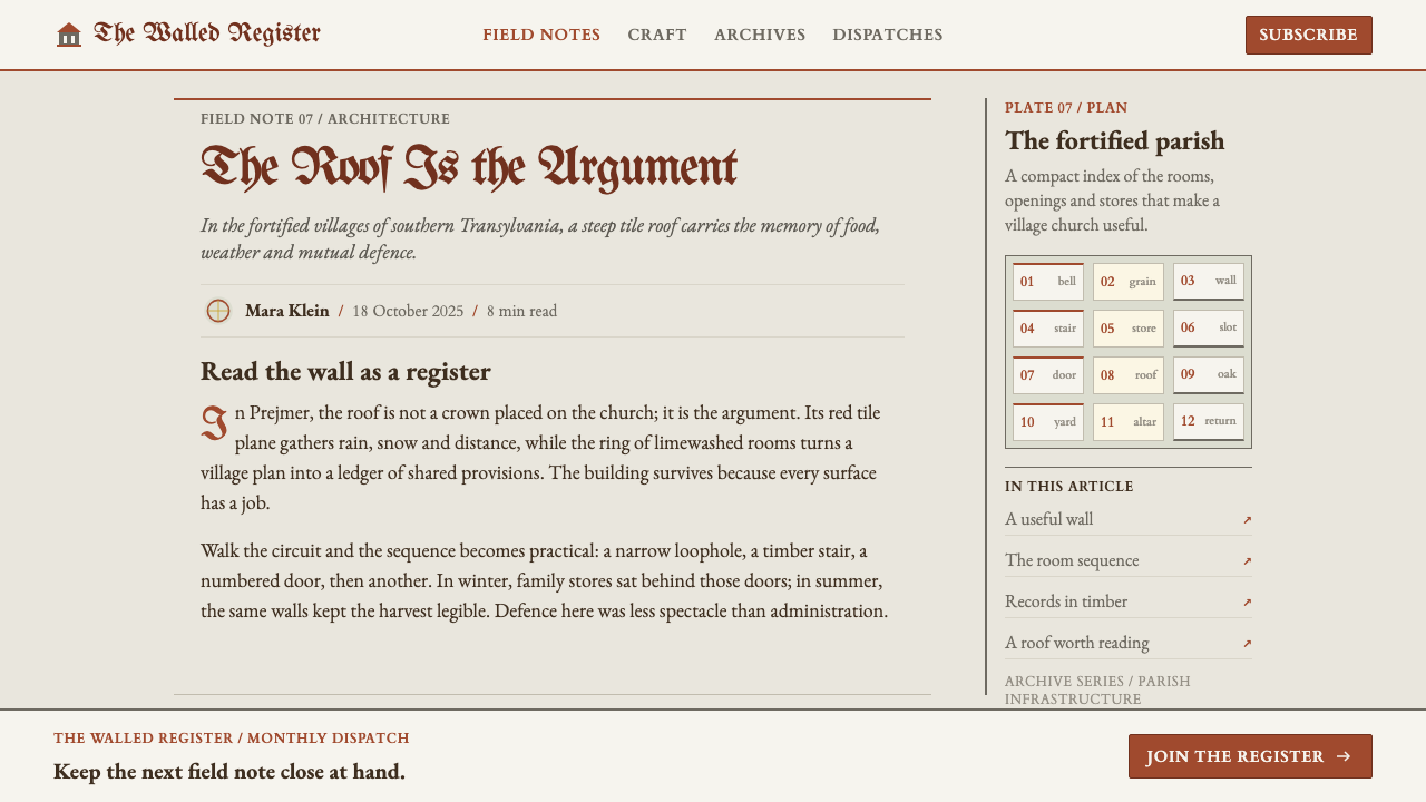 Saxon Fortified Church design style applied to a Article page