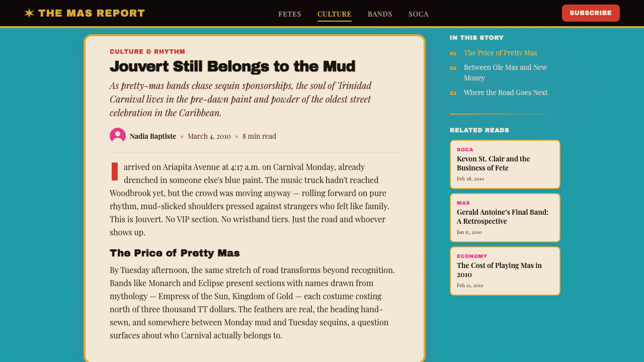 Trinidad Carnival Soca (2010) design style applied to a Article page