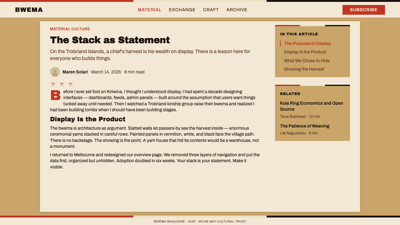 Trobriand Yam House Paint design style applied to a Article page