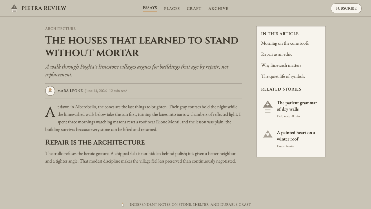 Trulli Alberobello design style applied to a Article page