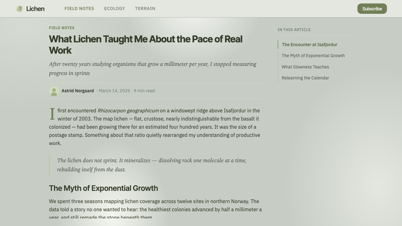Arctic Tundra Lichen design style applied to a Article page