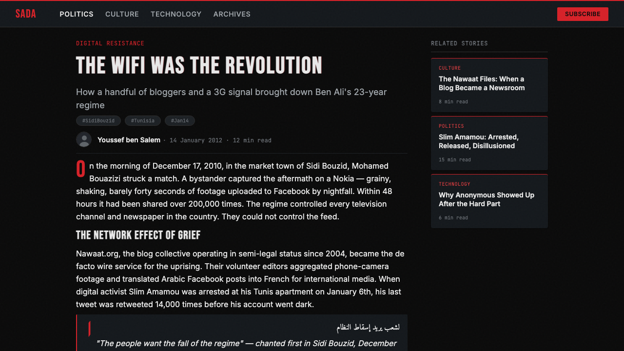 Tunisian Jasmine Revolution (2010) design style applied to a Article page