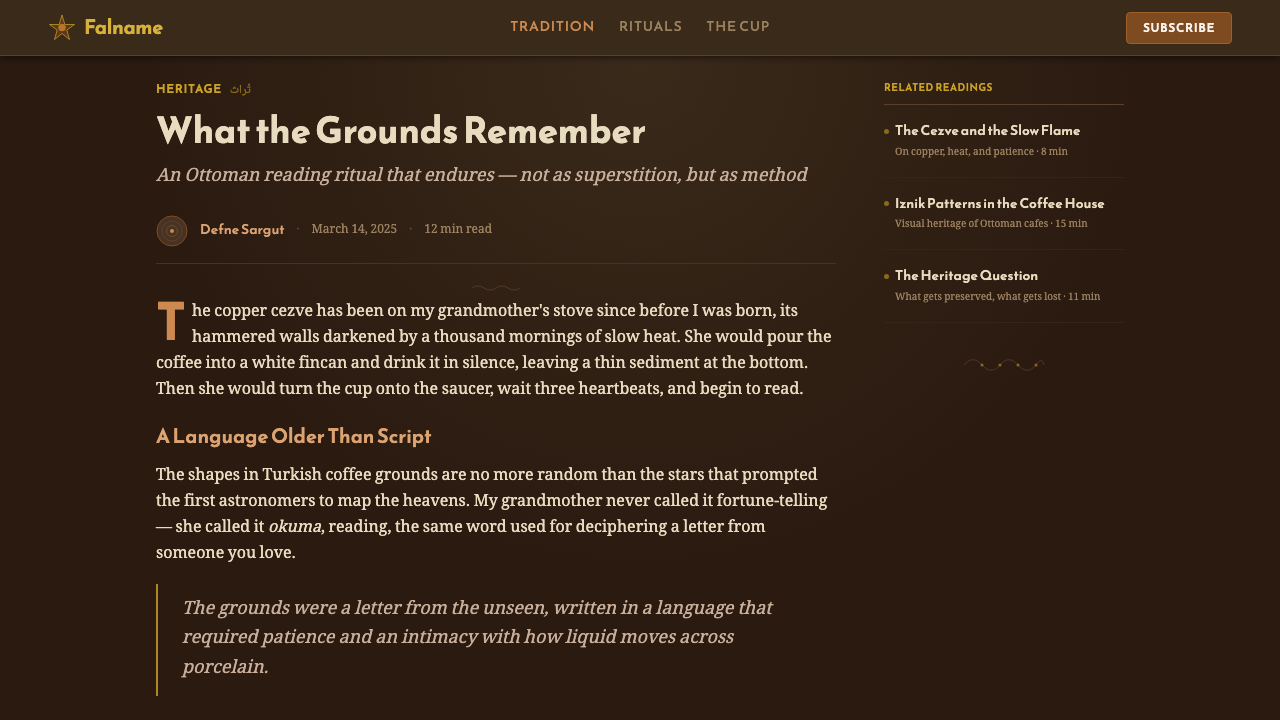 Turkish Coffee Fortune design style applied to a Article page