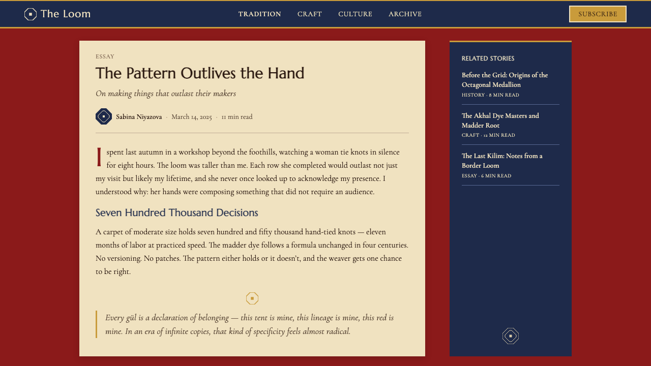 Turkmen Tekke Carpet (Gül Medallion) design style applied to a Article page