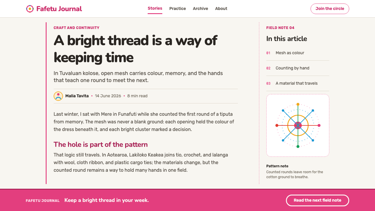Tuvaluan Kolose design style applied to a Article page