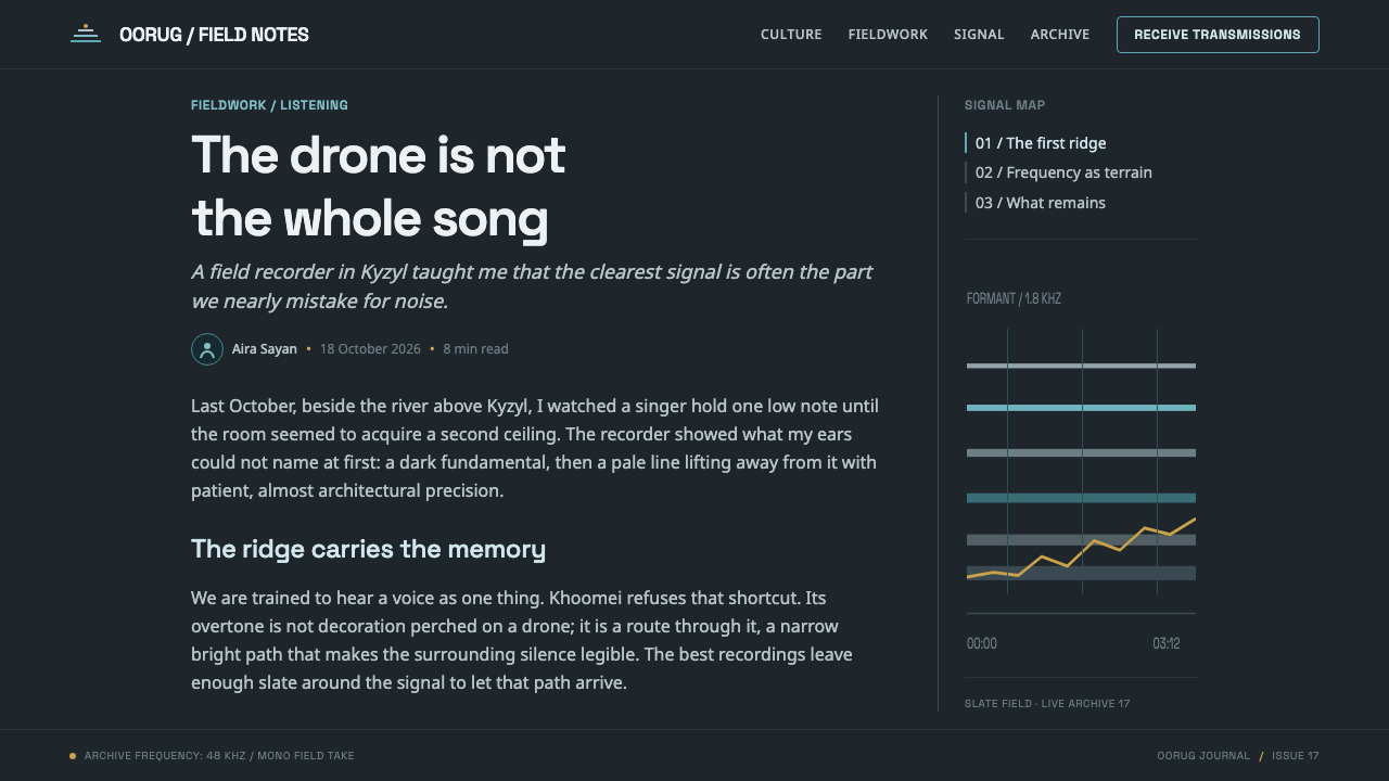 Tuvan Khoomei Throat-Song Viz design style applied to a Article page