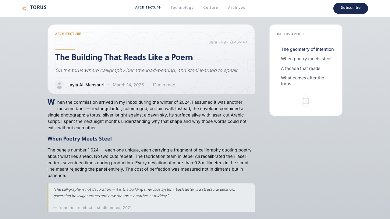 Dubai Museum of the Future design style applied to a Article page