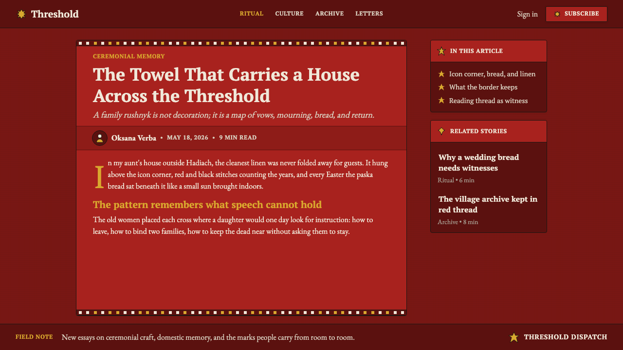 Ukrainian Rushnyk Ceremonial Towel design style applied to a Article page