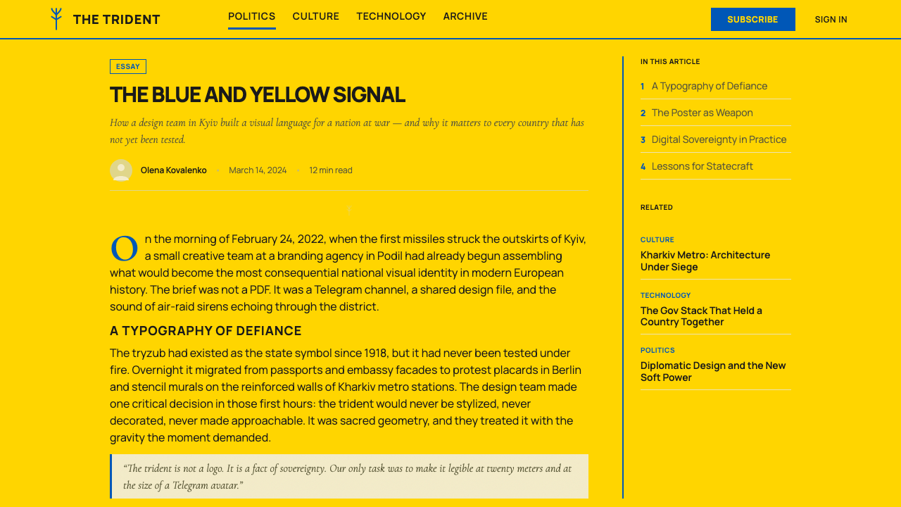 Ukrainian Trident Blue/Yellow (2022) design style applied to a Article page