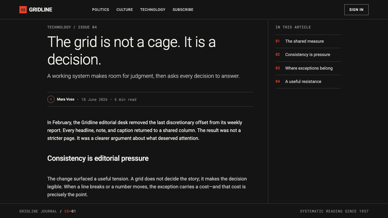 Univers Frutiger Numbered Grid design style applied to a Article page