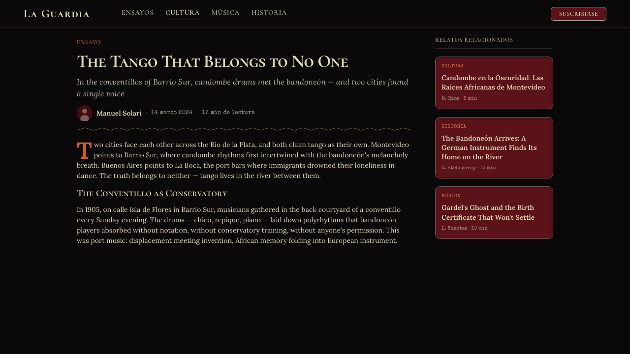 Uruguayan Tango Rioplatense 1900 design style applied to a Article page