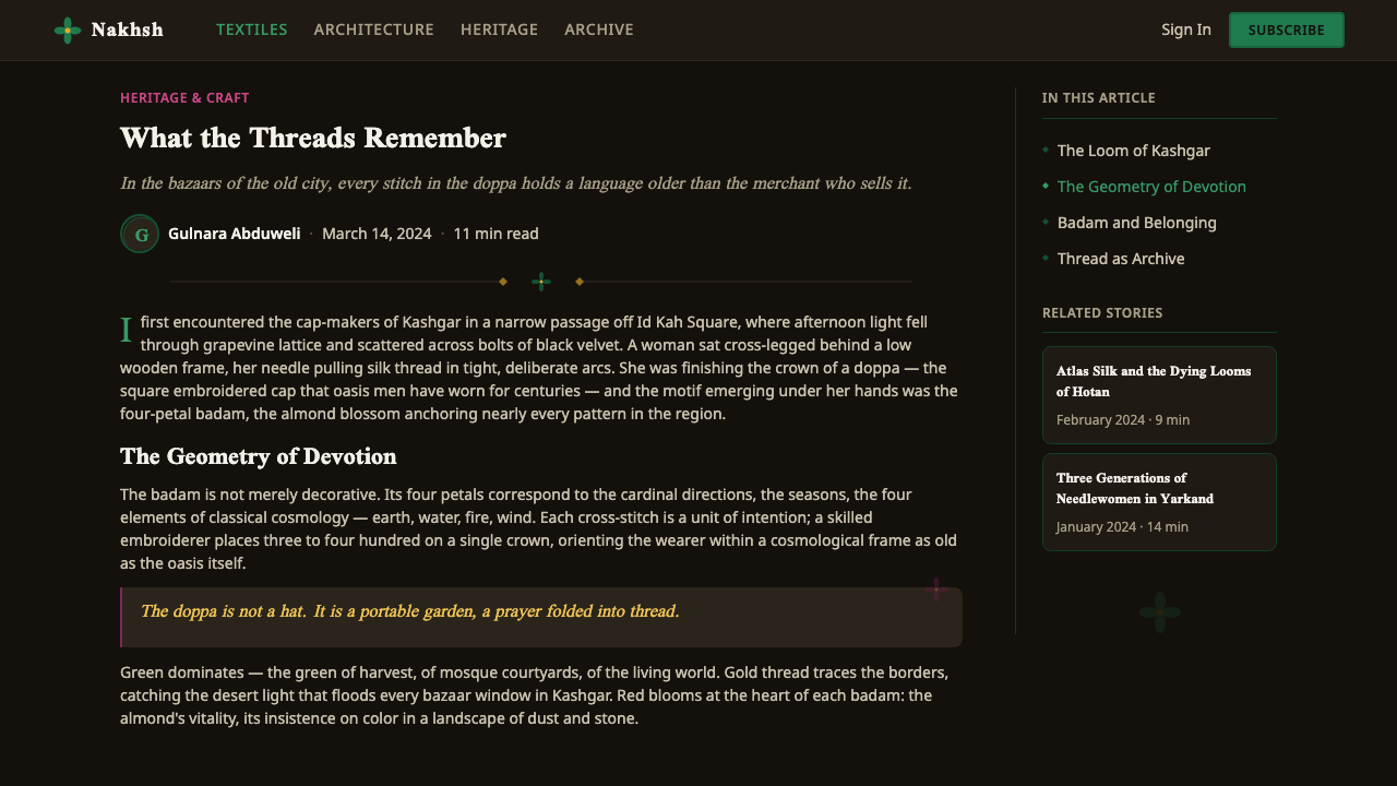 Uyghur Kashgar Doppa design style applied to a Article page