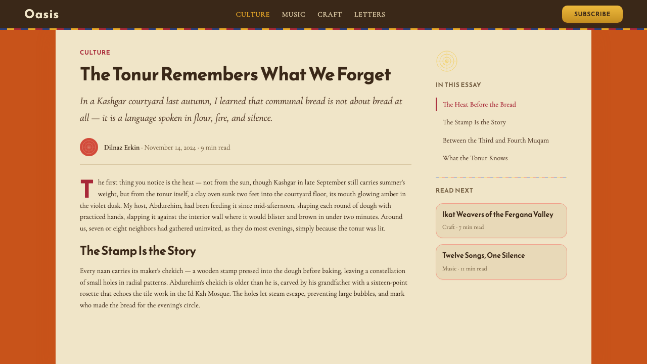 Uyghur Meshrep (Naan Oasis Gathering) design style applied to a Article page