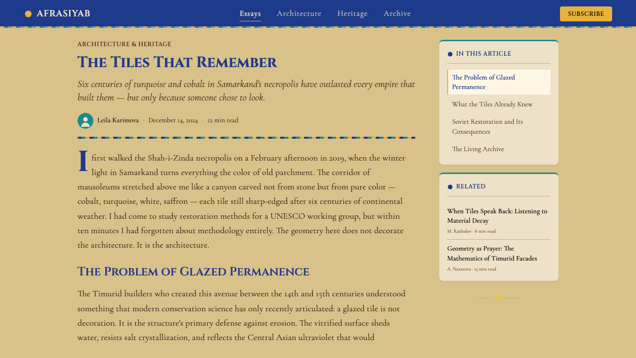Uzbek Samarkand Shah-i-Zinda design style applied to a Article page