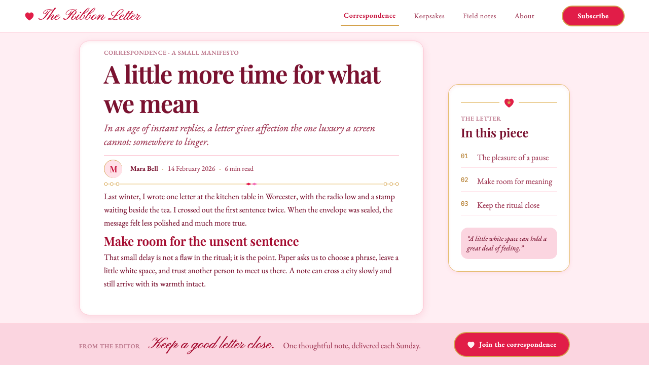 Valentine's Day Hearts design style applied to a Article page