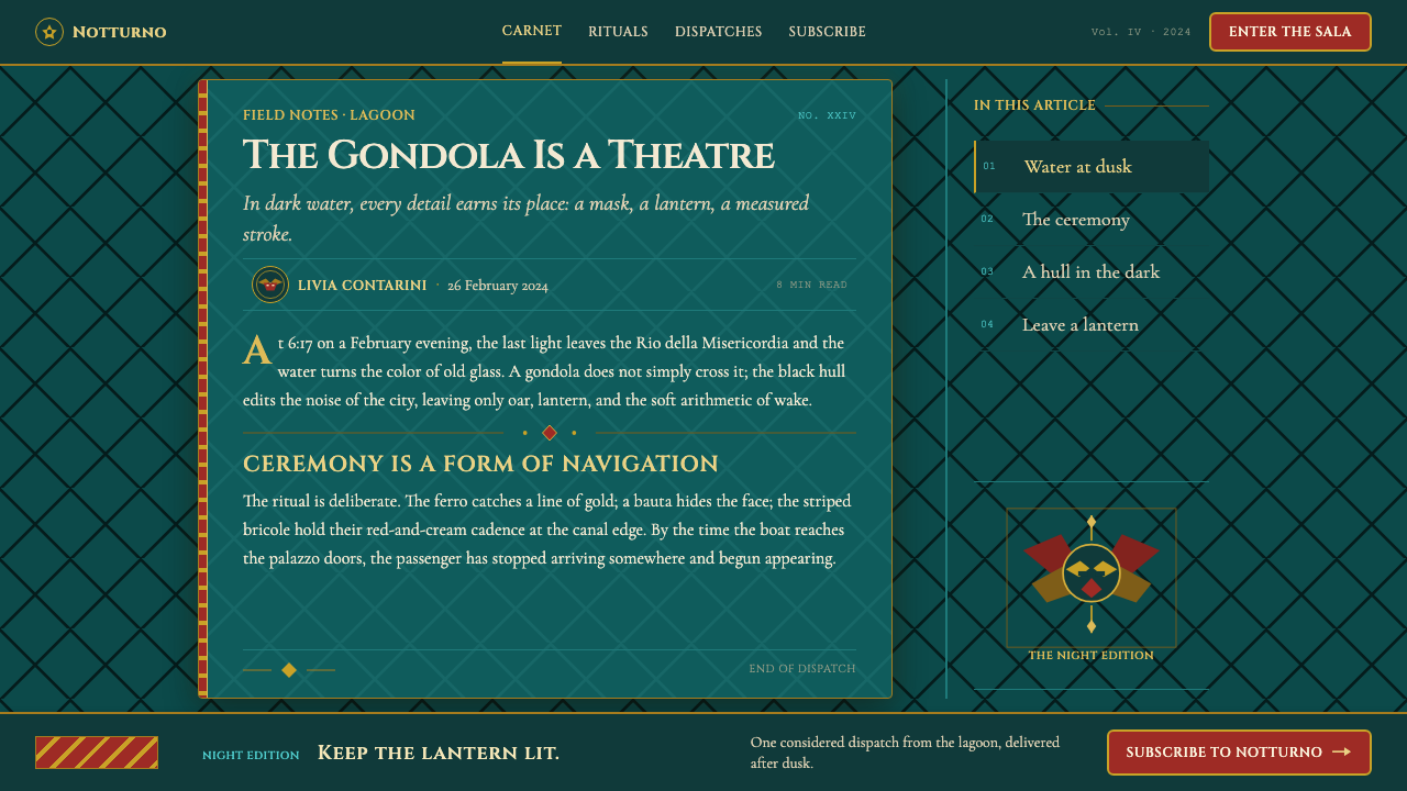 Venice Carnival Gondola design style applied to a Article page