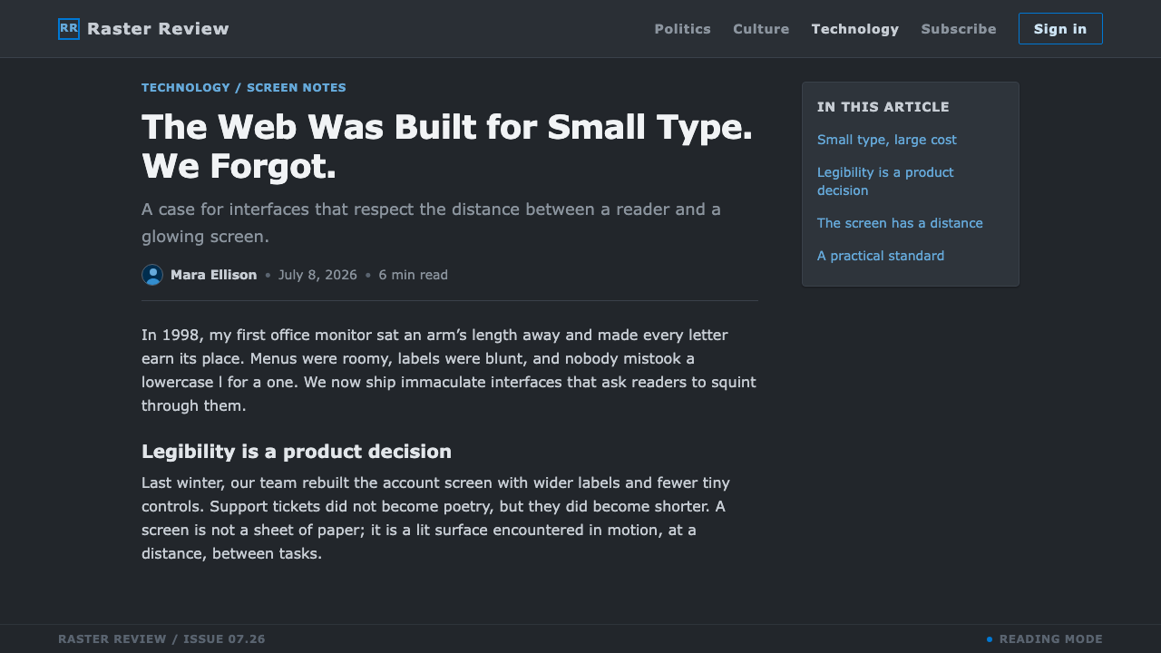 Verdana Screen Sans design style applied to a Article page
