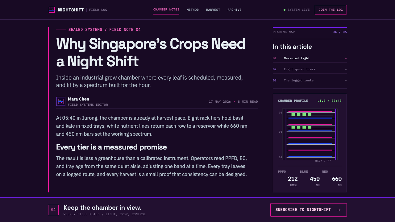 Vertical Farm Tower design style applied to a Article page