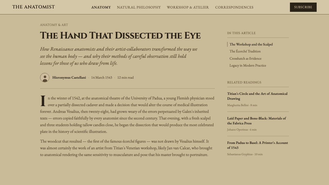 Vesalius Anatomy design style applied to a Article page