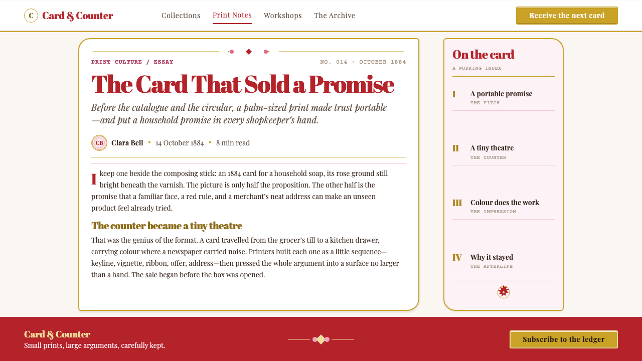 Victorian Chromo Trade Card design style applied to a Article page