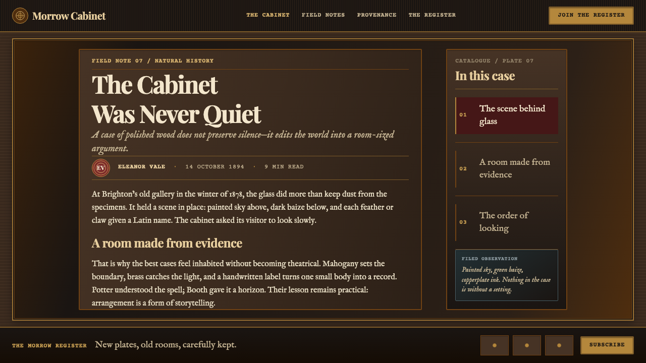 Victorian Taxidermy Cabinet design style applied to a Article page