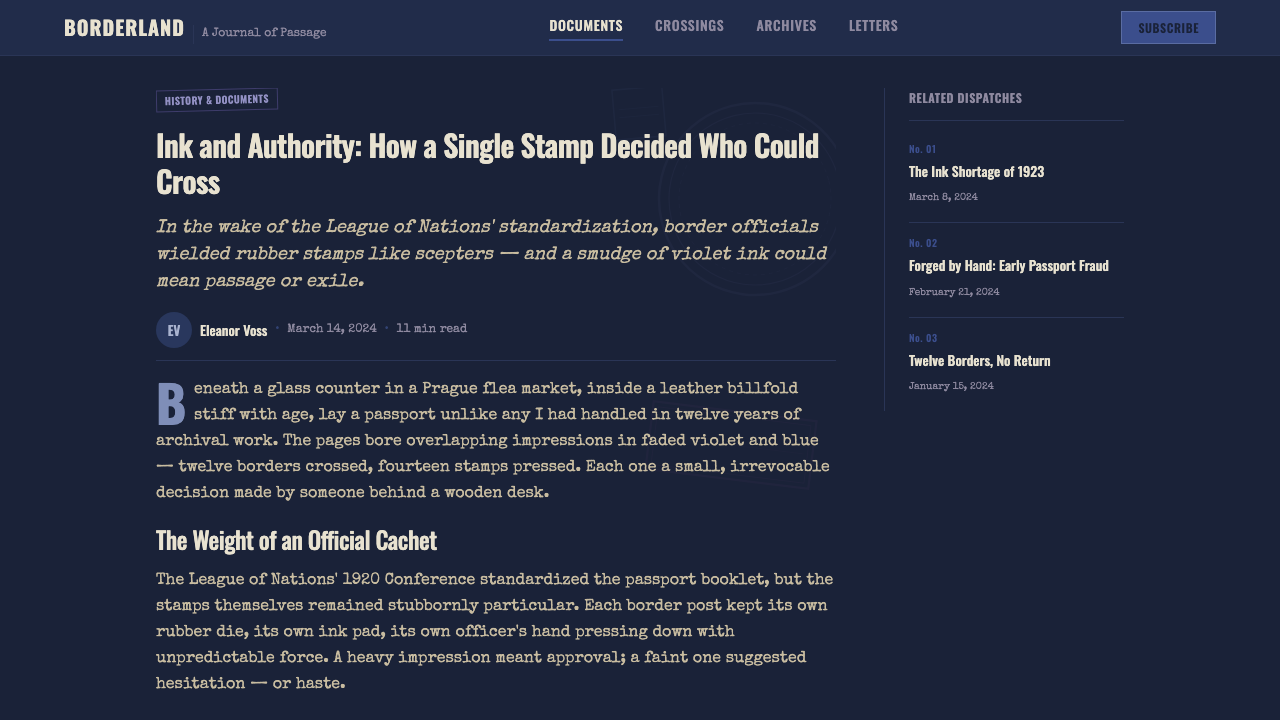 Vintage Passport Stamps design style applied to a Article page