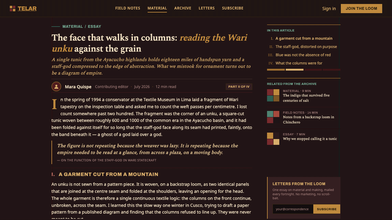 Wari Tapestry Tunic design style applied to a Article page