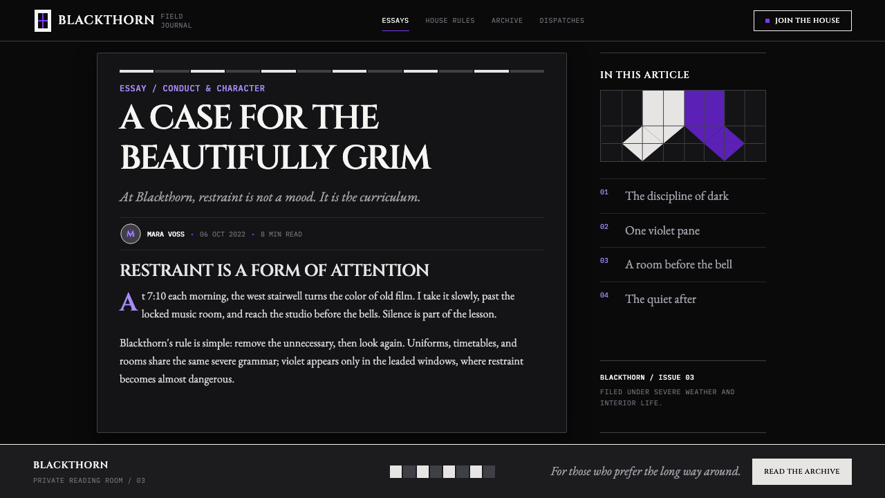 Wednesday — Nevermore Academy design style applied to a Article page