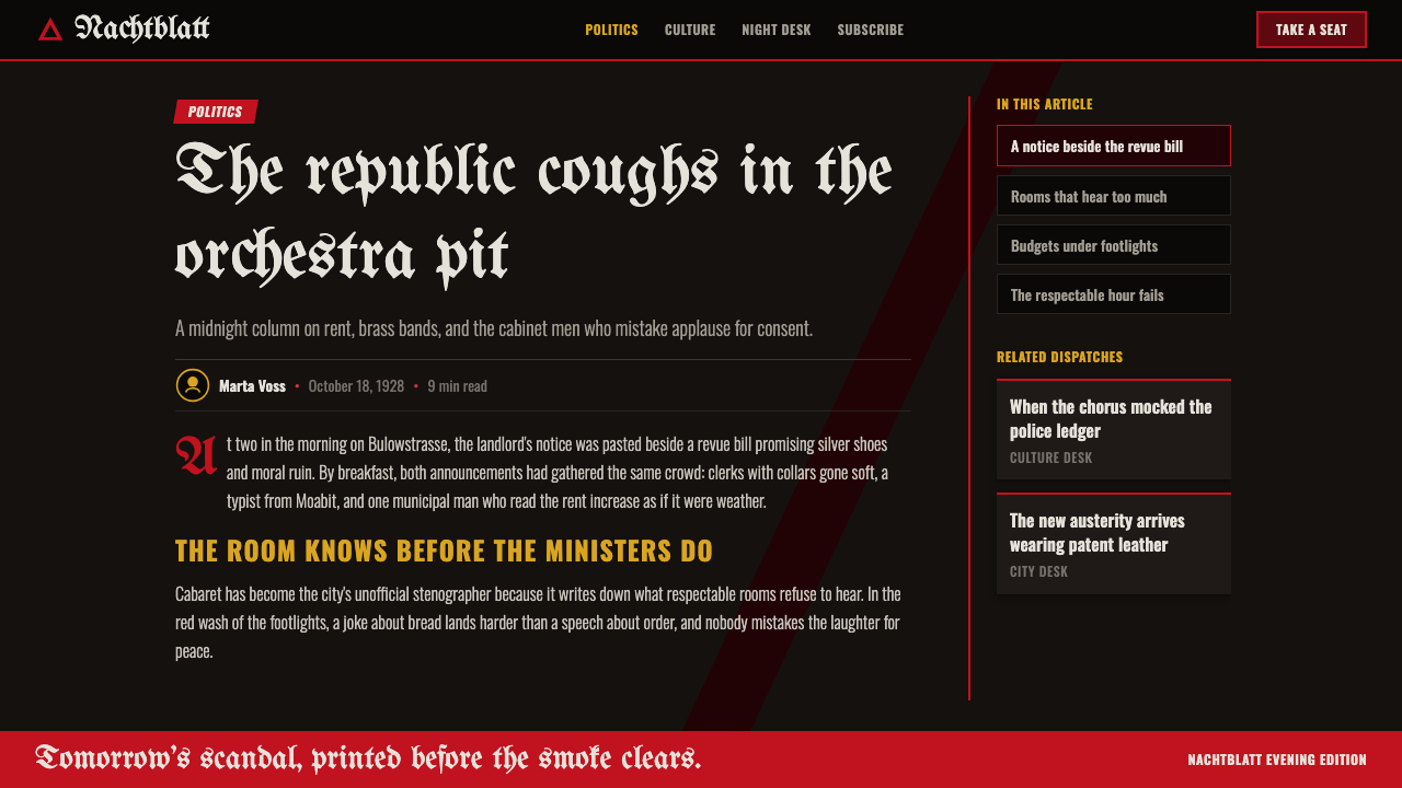 Weimar Cabaret design style applied to a Article page