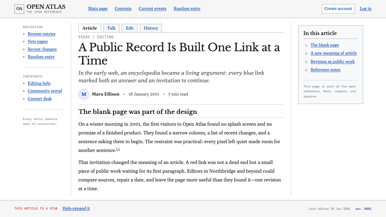 Wikipedia (2001) design style applied to a Article page