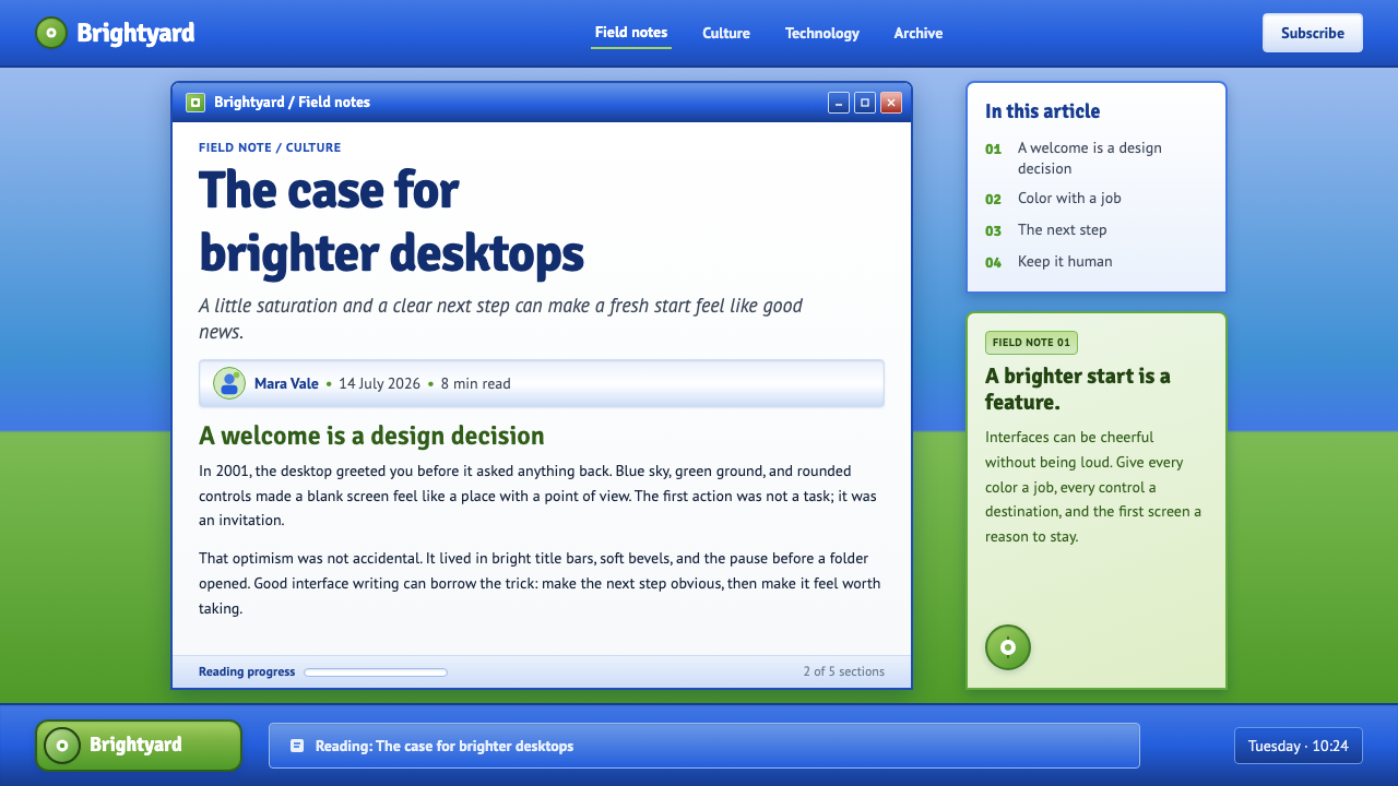 Windows XP Bliss (2001) design style applied to a Article page