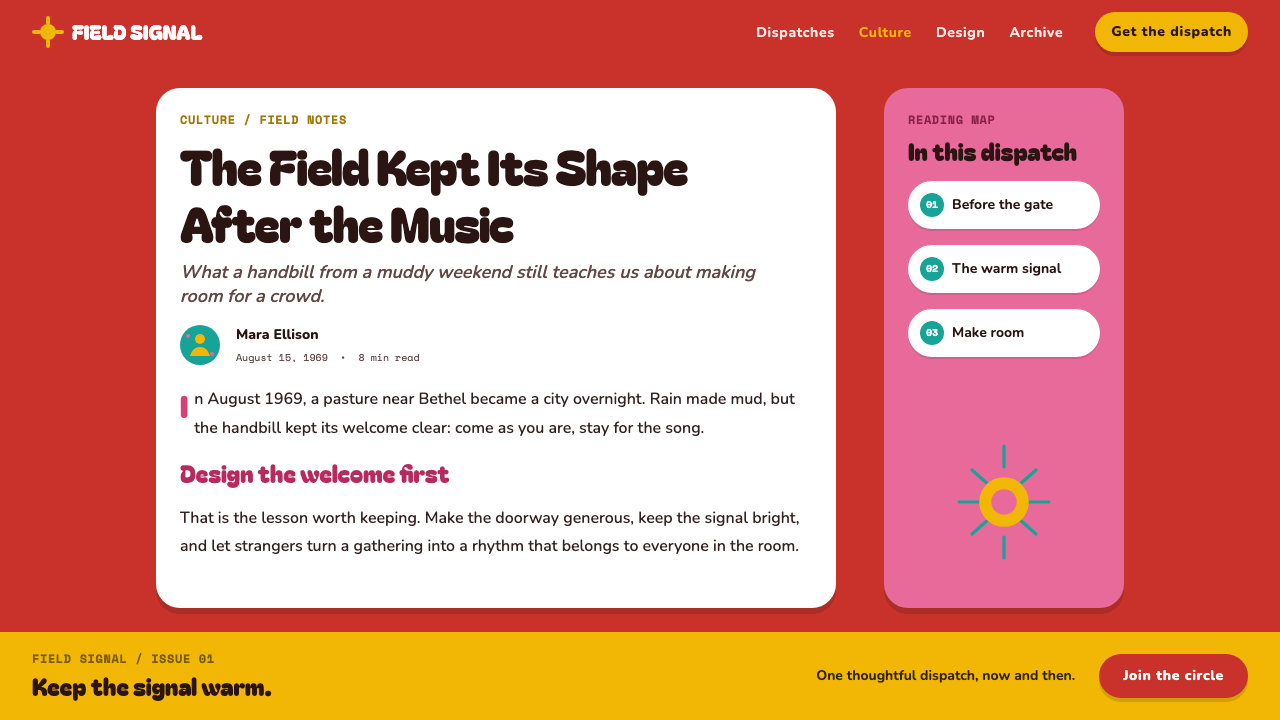 Woodstock (1969) design style applied to a Article page