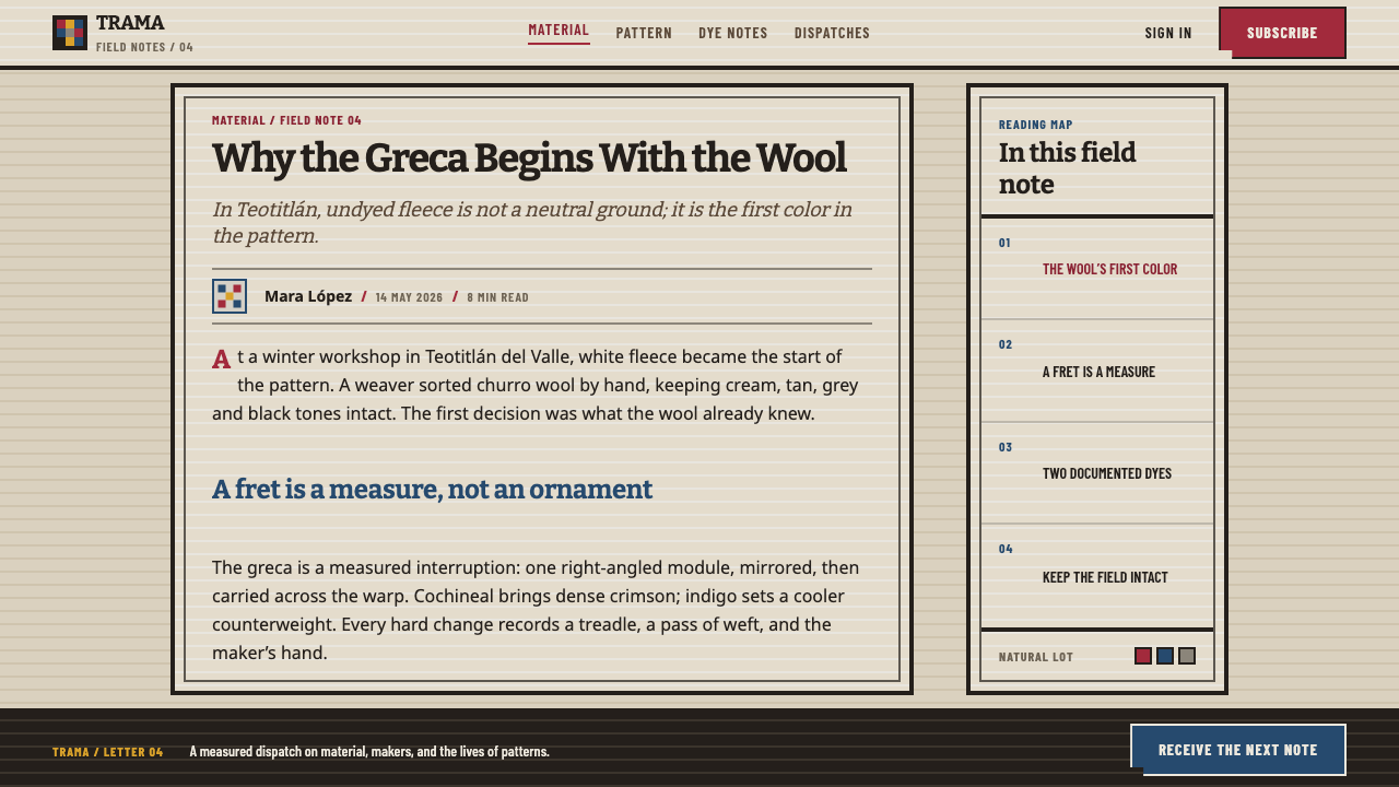Teotitlán Wool Rug design style applied to a Article page