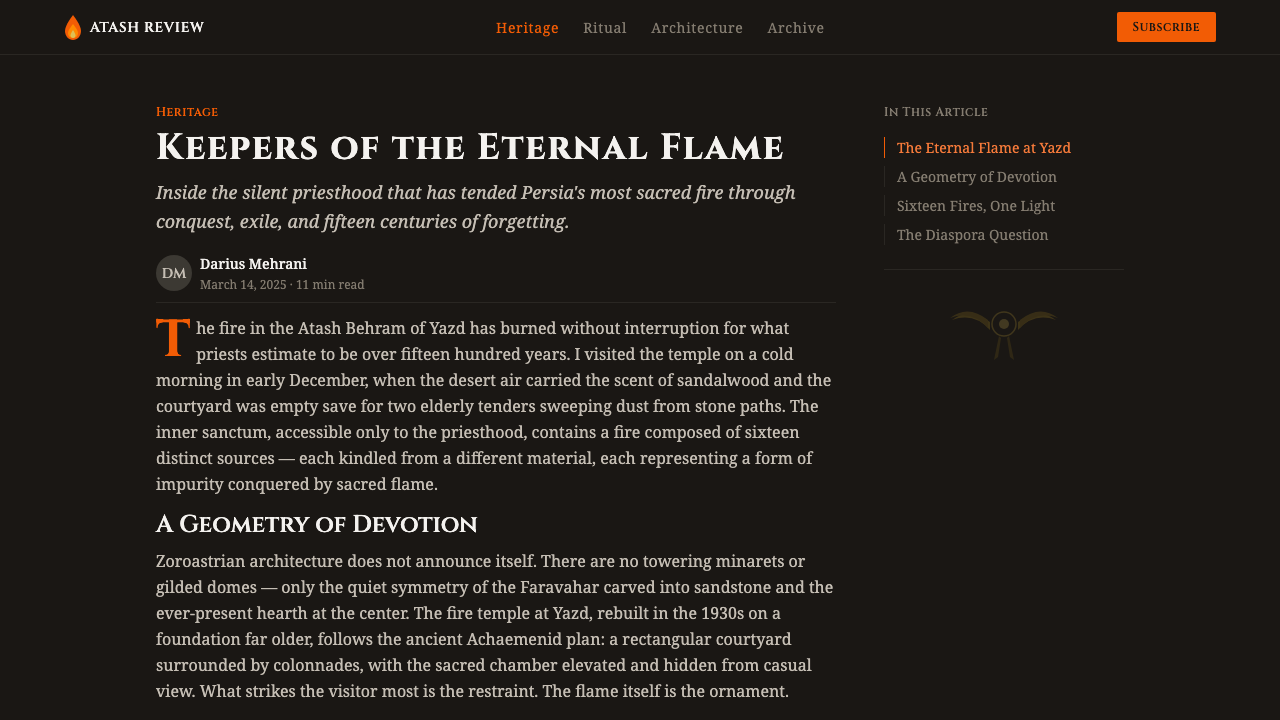 Zoroastrian Fire Temple design style applied to a Article page